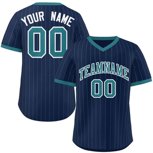 Custom Navy Aqua Stripe Fashion Authentic Pullover Baseball Jersey