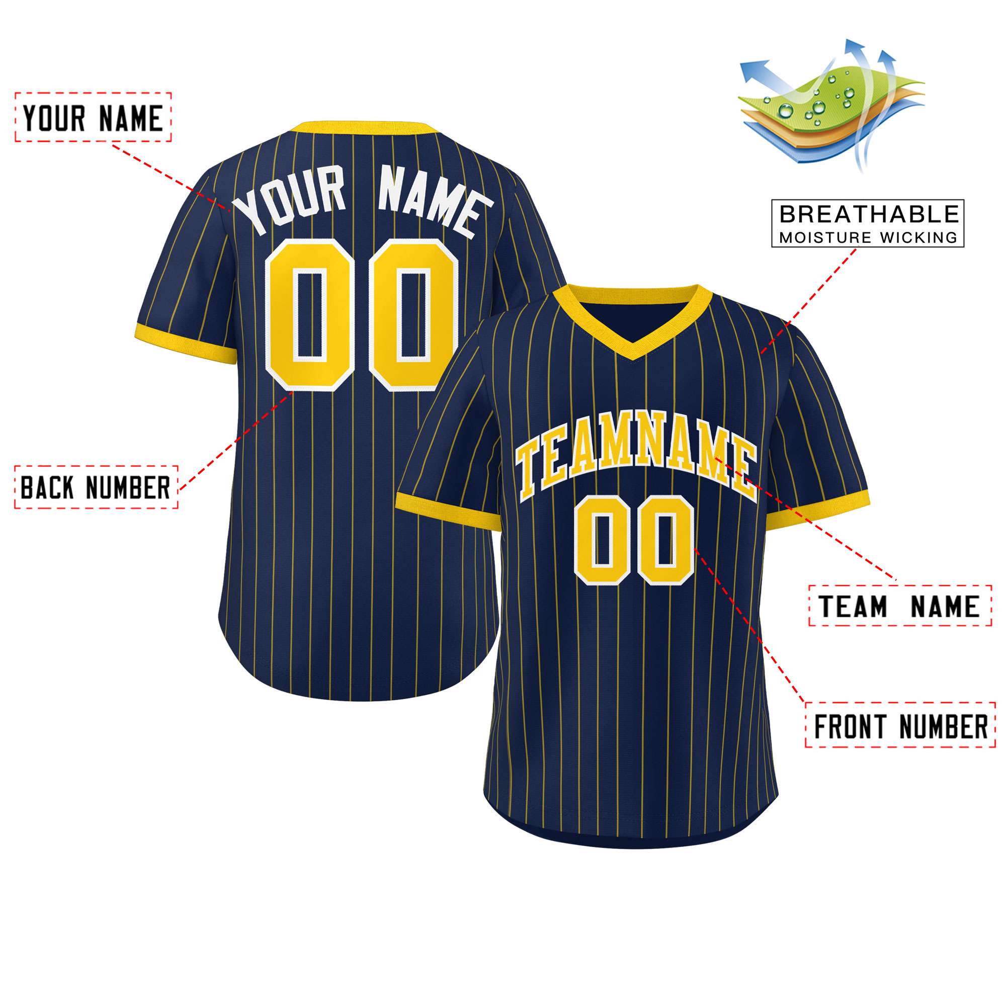 Custom Navy Gold Stripe Fashion Authentic Pullover Baseball Jersey