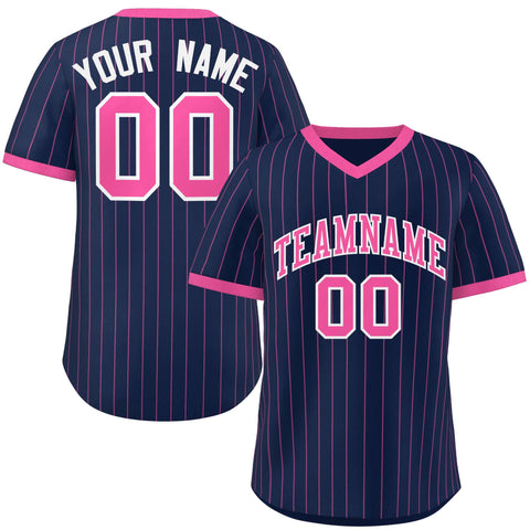 Custom Navy Pink Stripe Fashion Authentic Pullover Baseball Jersey
