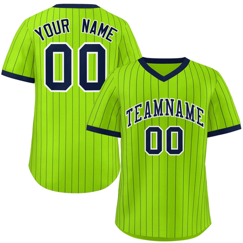 Custom Neon Green Navy Stripe Fashion Authentic Pullover Baseball Jersey