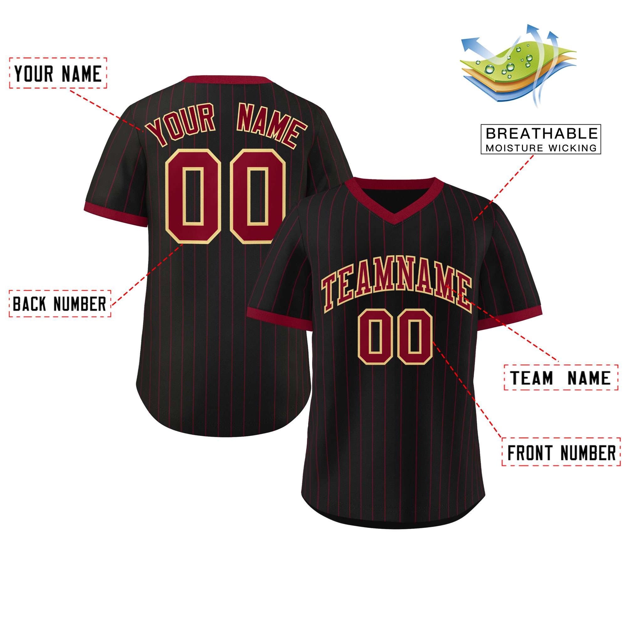 Custom Black Crimson Stripe Fashion Authentic Pullover Baseball Jersey