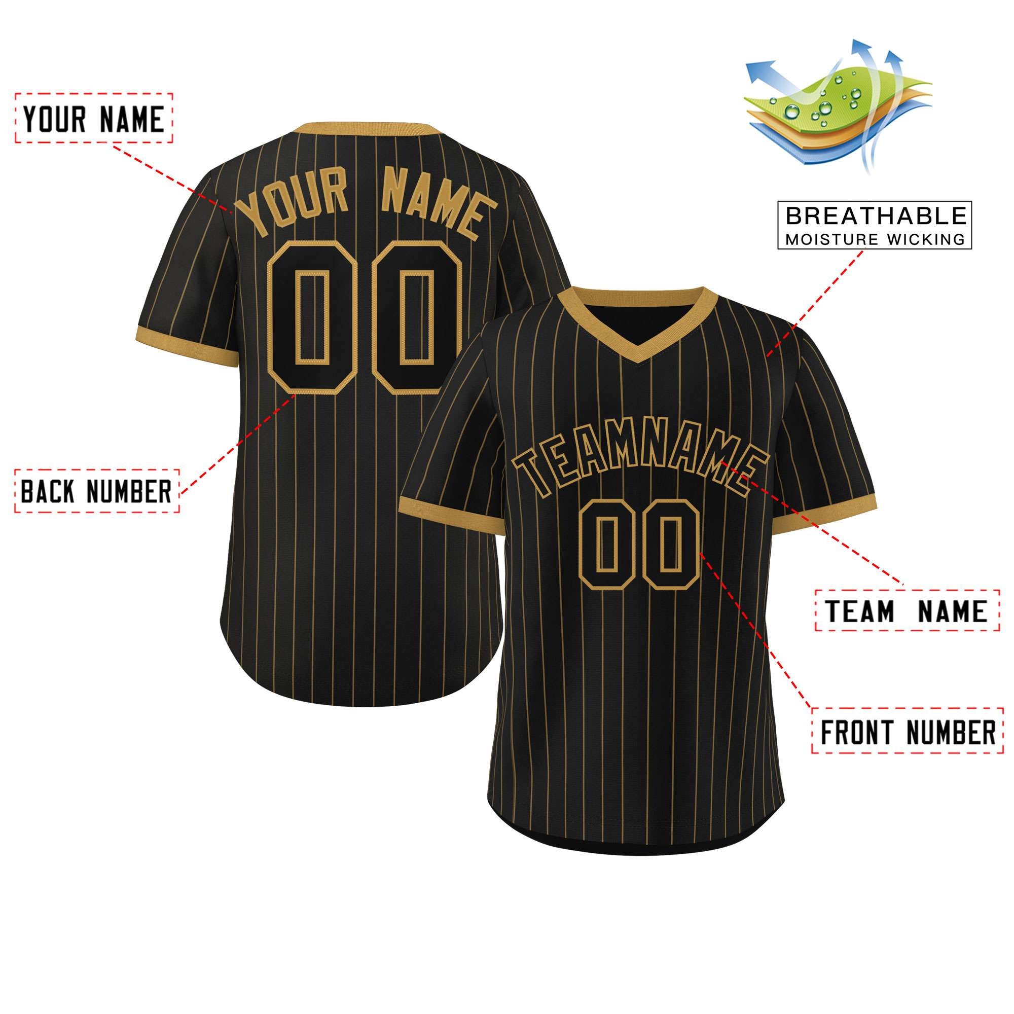 Custom Black Old Gold Stripe Fashion Authentic Pullover Baseball Jersey