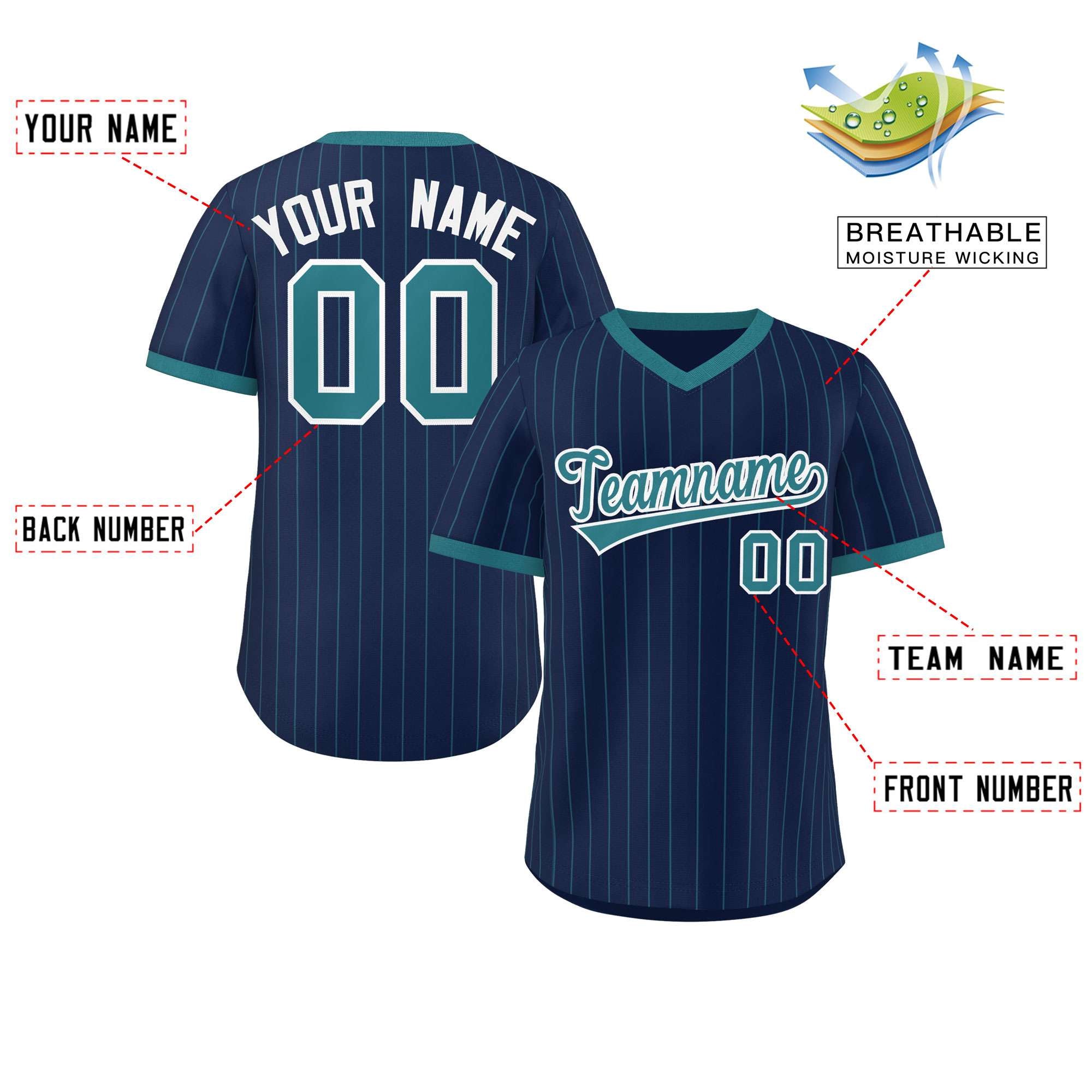 Custom Navy Aqua Stripe Fashion Authentic Pullover Baseball Jersey