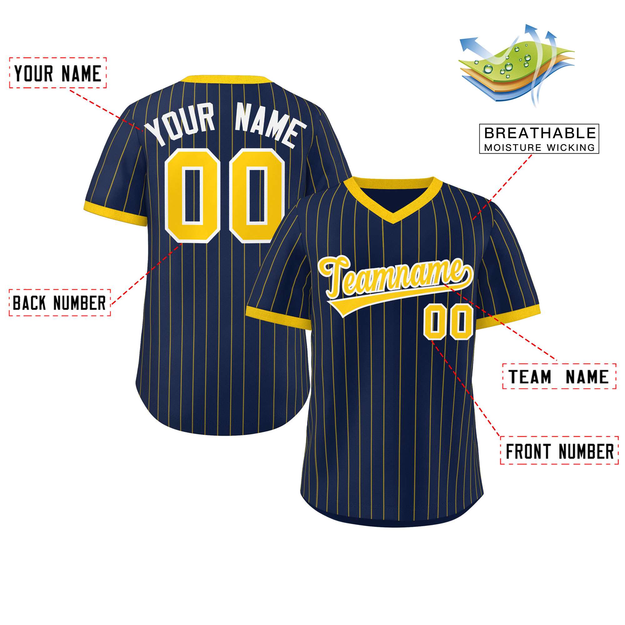 Custom Navy Gold Stripe Fashion Authentic Pullover Baseball Jersey