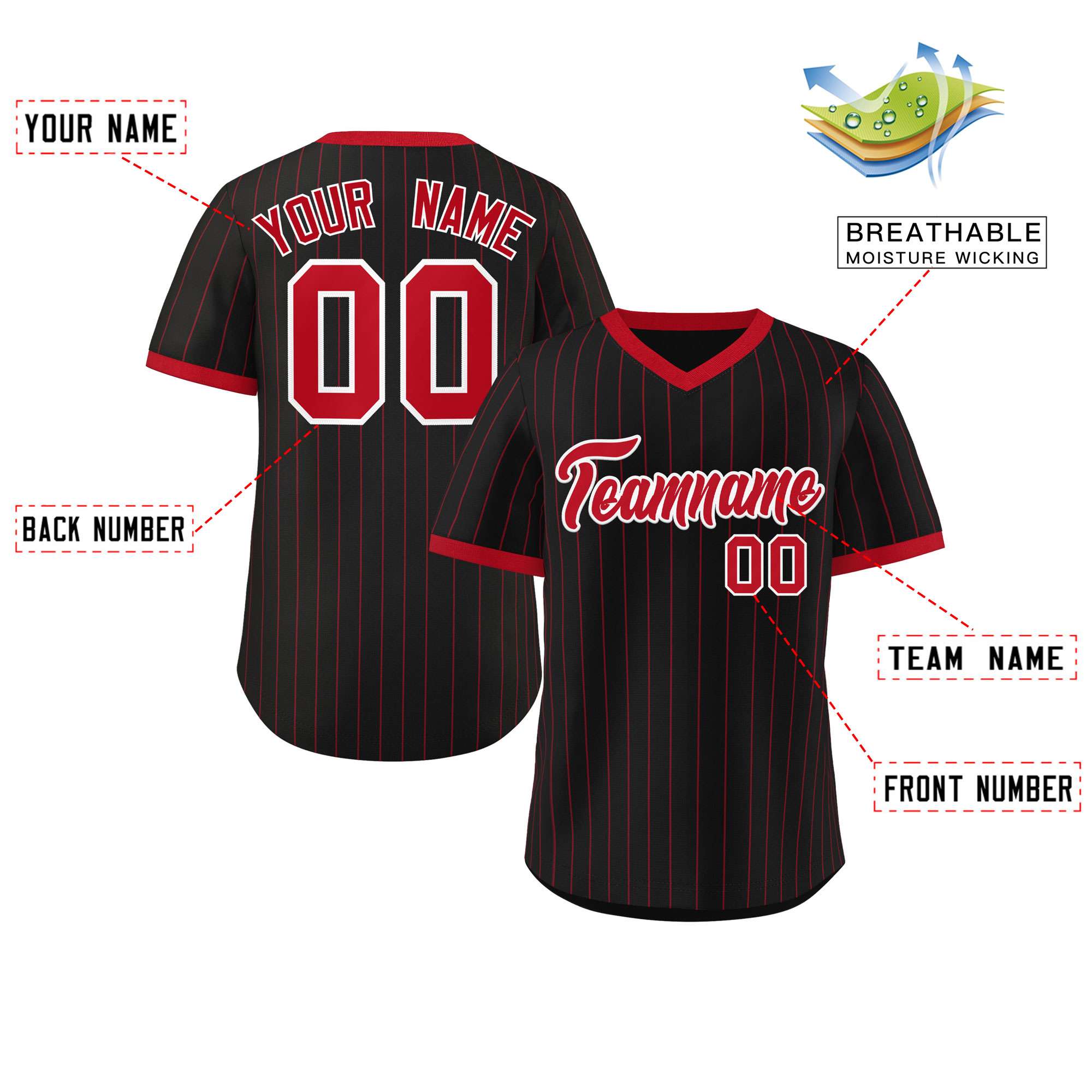 Custom Black Red Stripe Fashion Authentic Pullover Baseball Jersey