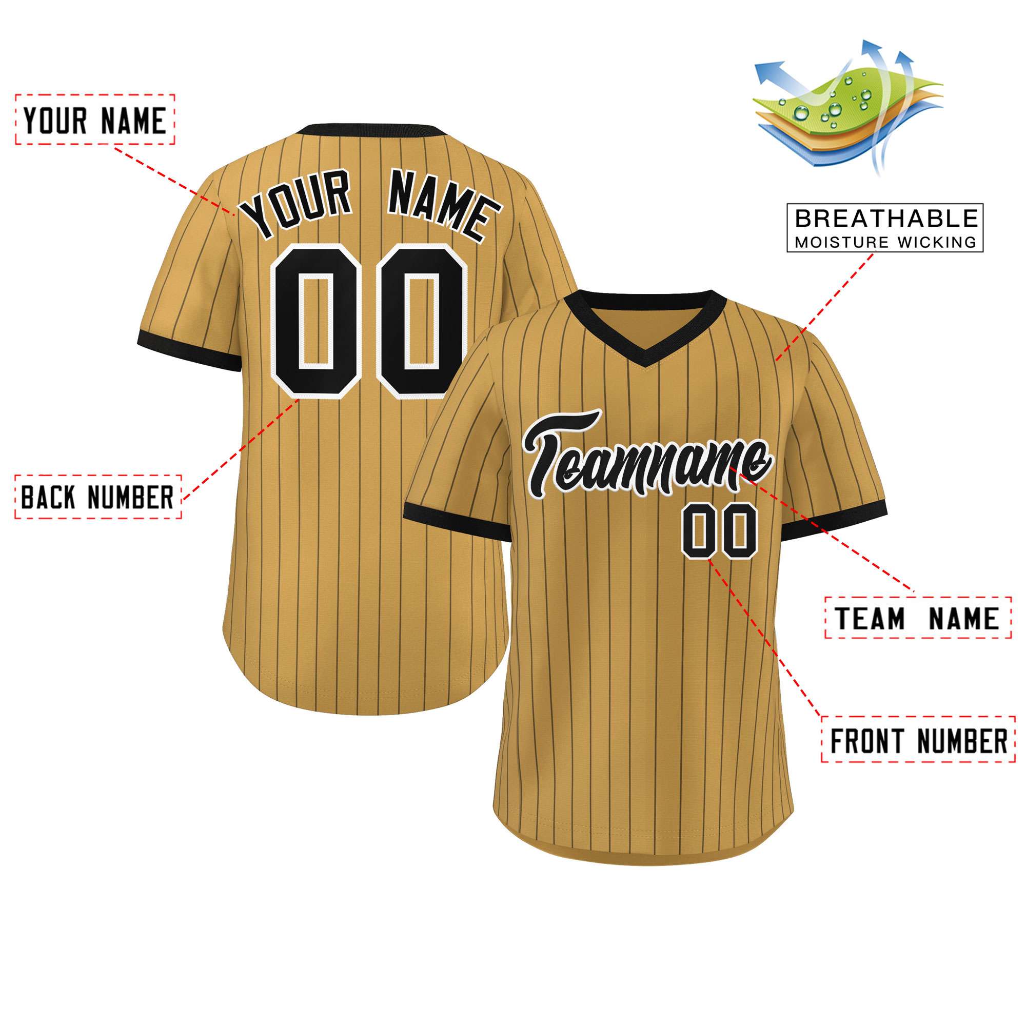 Custom Old Gold Black Stripe Fashion Authentic Pullover Baseball Jersey