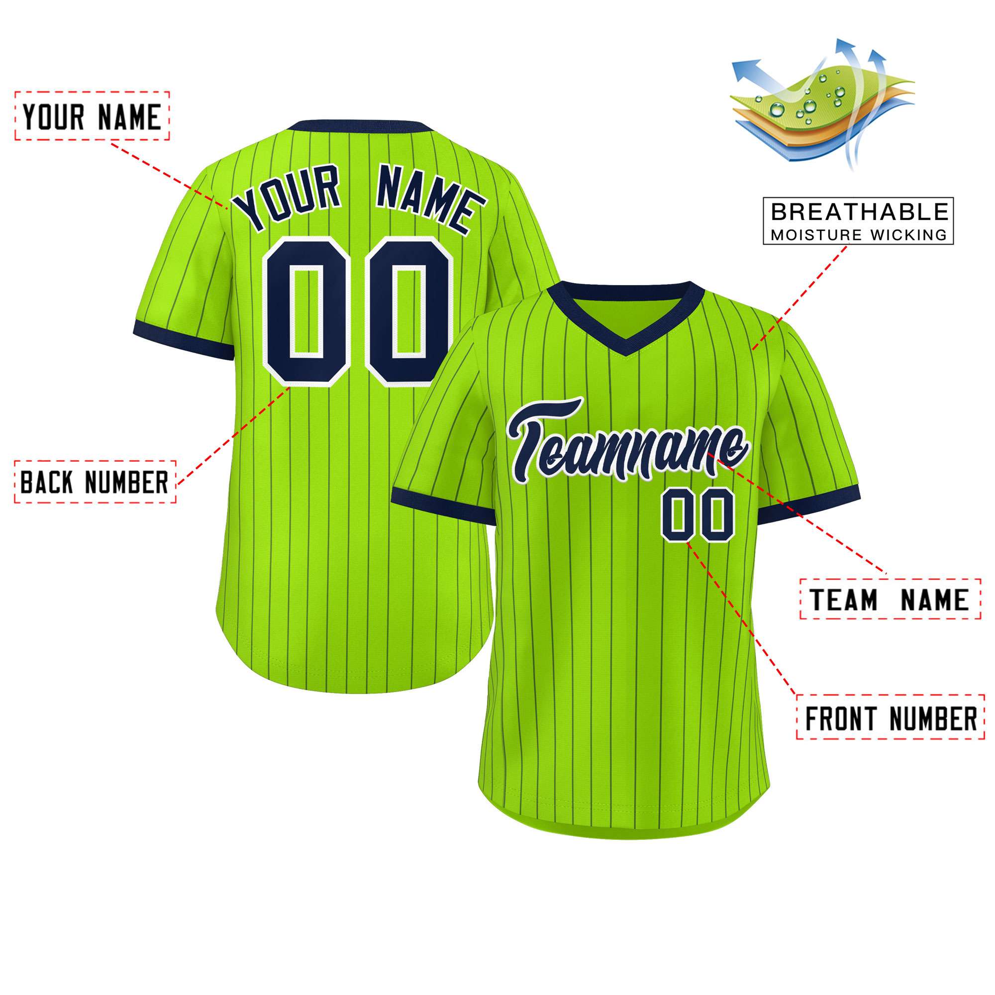 Custom Neon Green Navy Stripe Fashion Authentic Pullover Baseball Jersey