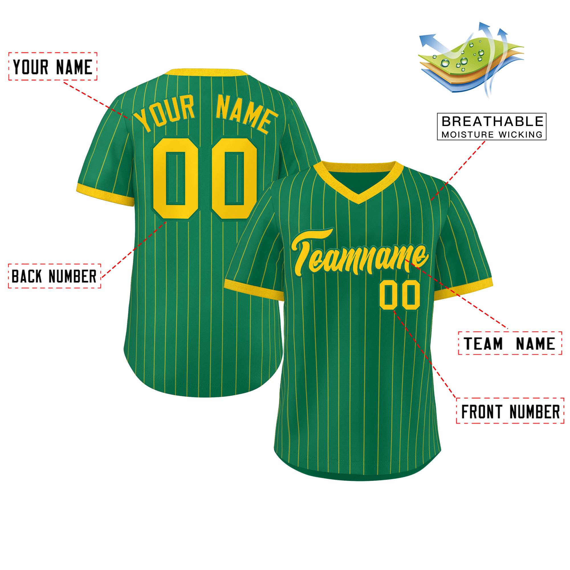 Custom Kelly Green Gold Stripe Fashion Authentic Pullover Baseball Jersey