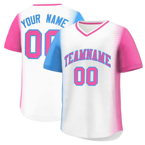 Custom White Powder Blue-Pink Personalized Raglan Sleeves Authentic Baseball Jersey