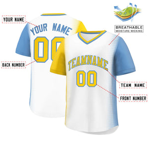 Custom White Gold-Light Blue Personalized Raglan Sleeves Authentic Baseball Jersey