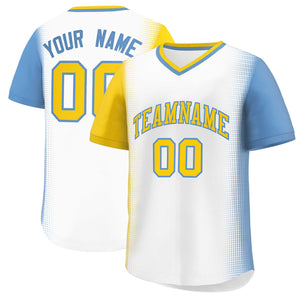 Custom White Gold-Light Blue Personalized Raglan Sleeves Authentic Baseball Jersey