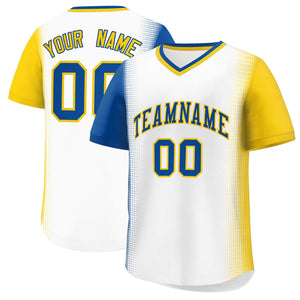 Custom White Royal-Gold Personalized Raglan Sleeves Authentic Baseball Jersey