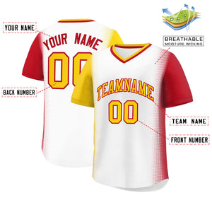 Custom White Gold-Red Personalized Raglan Sleeves Authentic Baseball Jersey