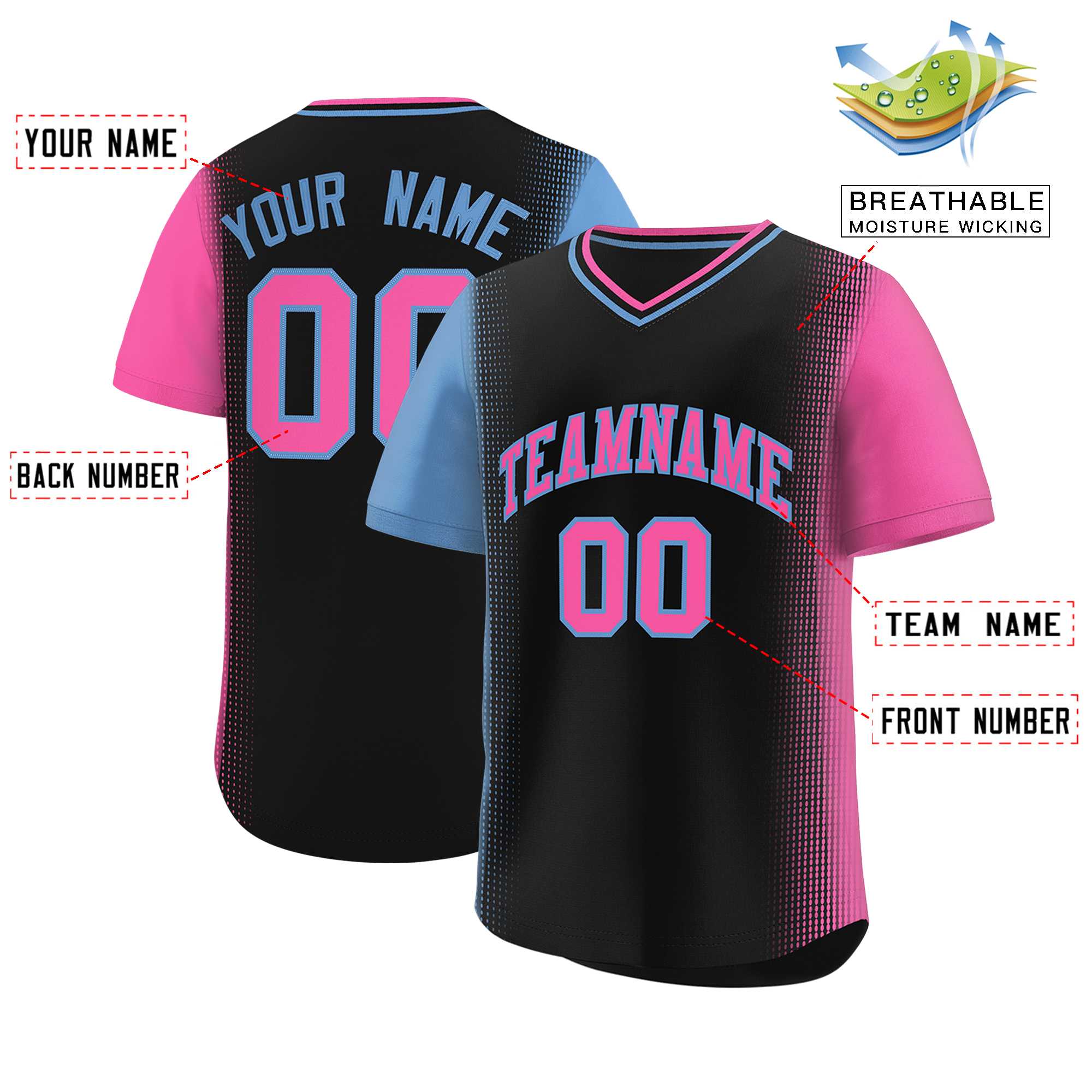 Custom Black Light Blue-Pink Personalized Raglan Sleeves Authentic Baseball Jersey