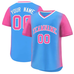 Custom Powder Blue Pink Personalized Raglan Sleeves Authentic Baseball Jersey