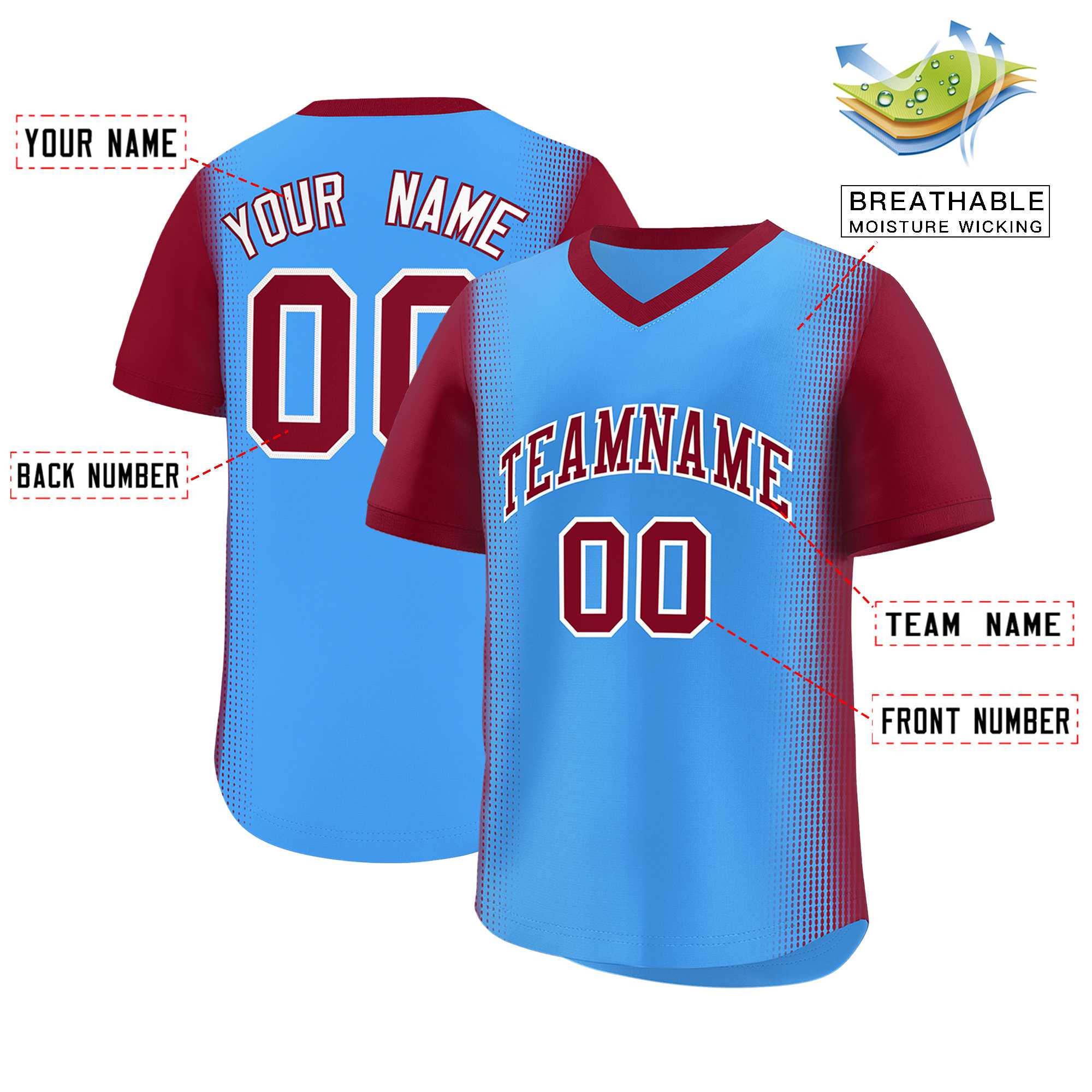 Custom Powder Blue Crimson Personalized Raglan Sleeves Authentic Baseball Jersey