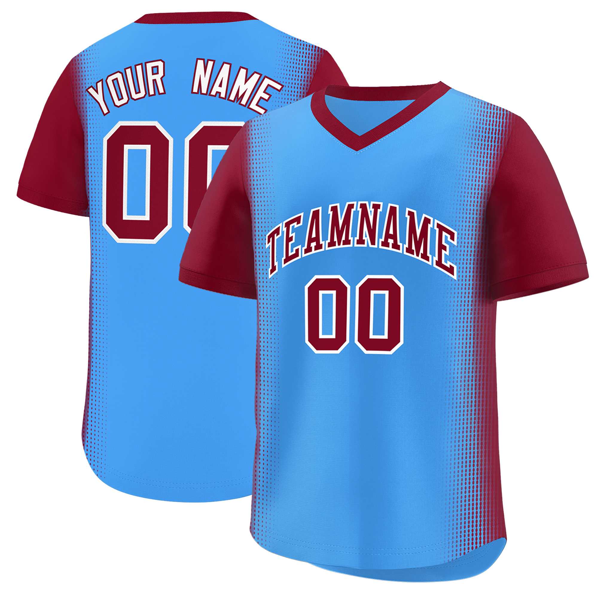 Custom Powder Blue Crimson Personalized Raglan Sleeves Authentic Baseball Jersey