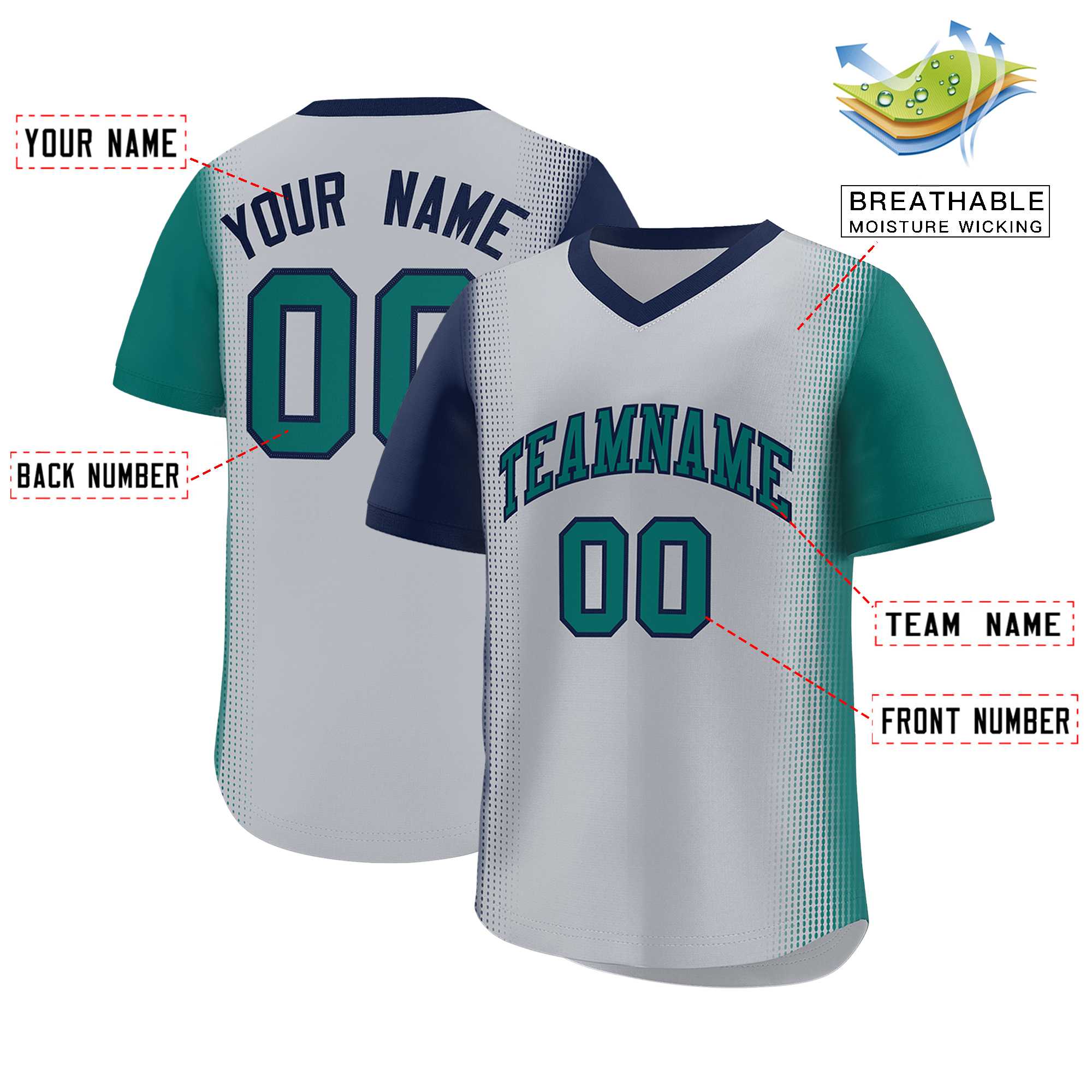 Custom Gray Navy-Aqua Personalized Raglan Sleeves Authentic Baseball Jersey