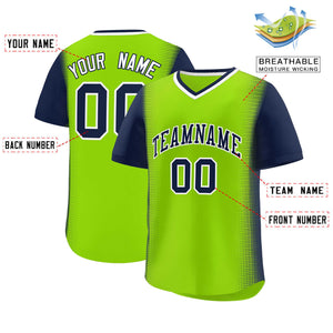 Custom Neon Green Navy Personalized Raglan Sleeves Authentic Baseball Jersey