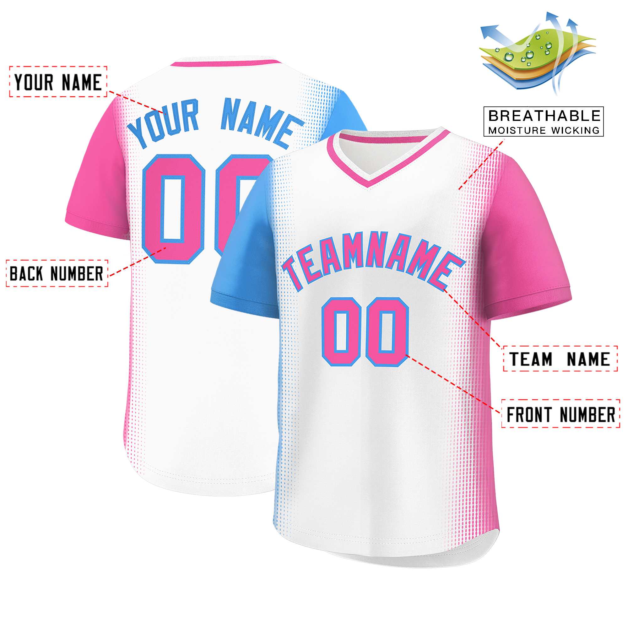 Custom White Powder Blue-Pink Personalized Raglan Sleeves Authentic Baseball Jersey