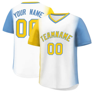 Custom White Gold-Light Blue Personalized Raglan Sleeves Authentic Baseball Jersey