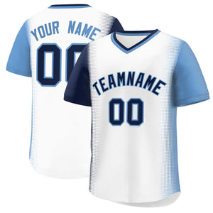 Custom White Navy-Light Blue Personalized Raglan Sleeves Authentic Baseball Jersey