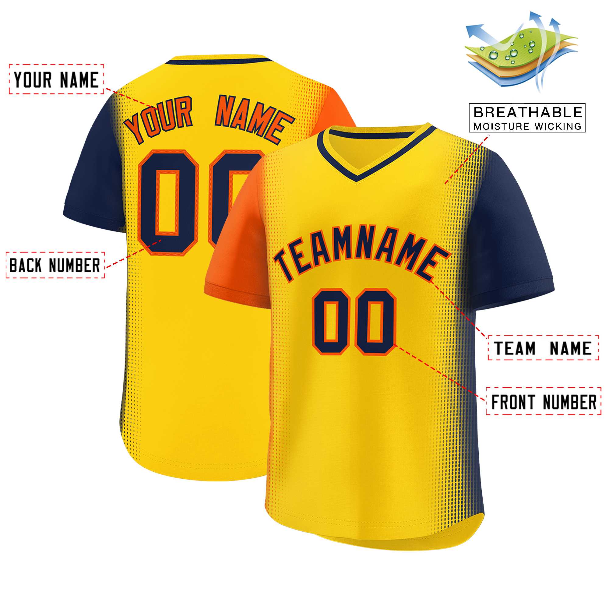 Custom Gold Orange-Navy Personalized Raglan Sleeves Authentic Baseball Jersey