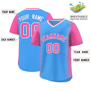 Custom Powder Blue Pink Personalized Raglan Sleeves Authentic Baseball Jersey