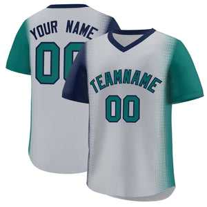 Custom Gray Navy-Aqua Personalized Raglan Sleeves Authentic Baseball Jersey