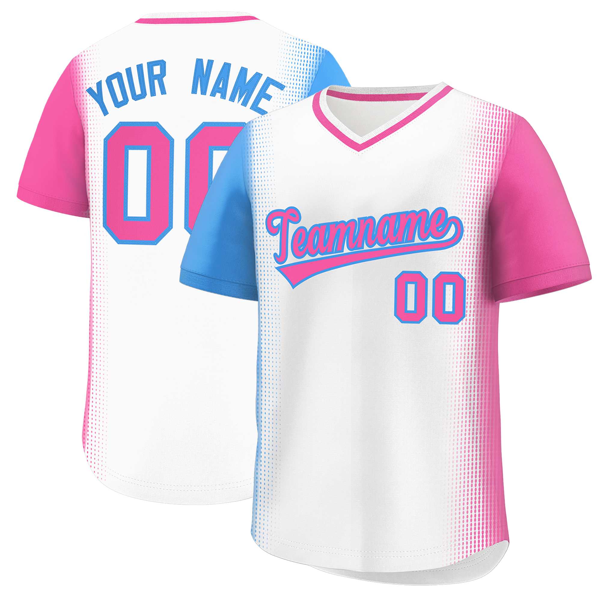 Custom White Powder Blue-Pink Personalized Raglan Sleeves Authentic Baseball Jersey