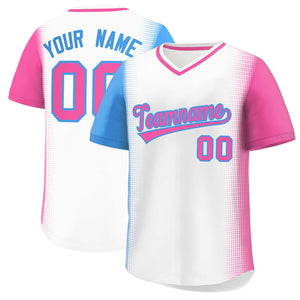 Custom White Powder Blue-Pink Personalized Raglan Sleeves Authentic Baseball Jersey