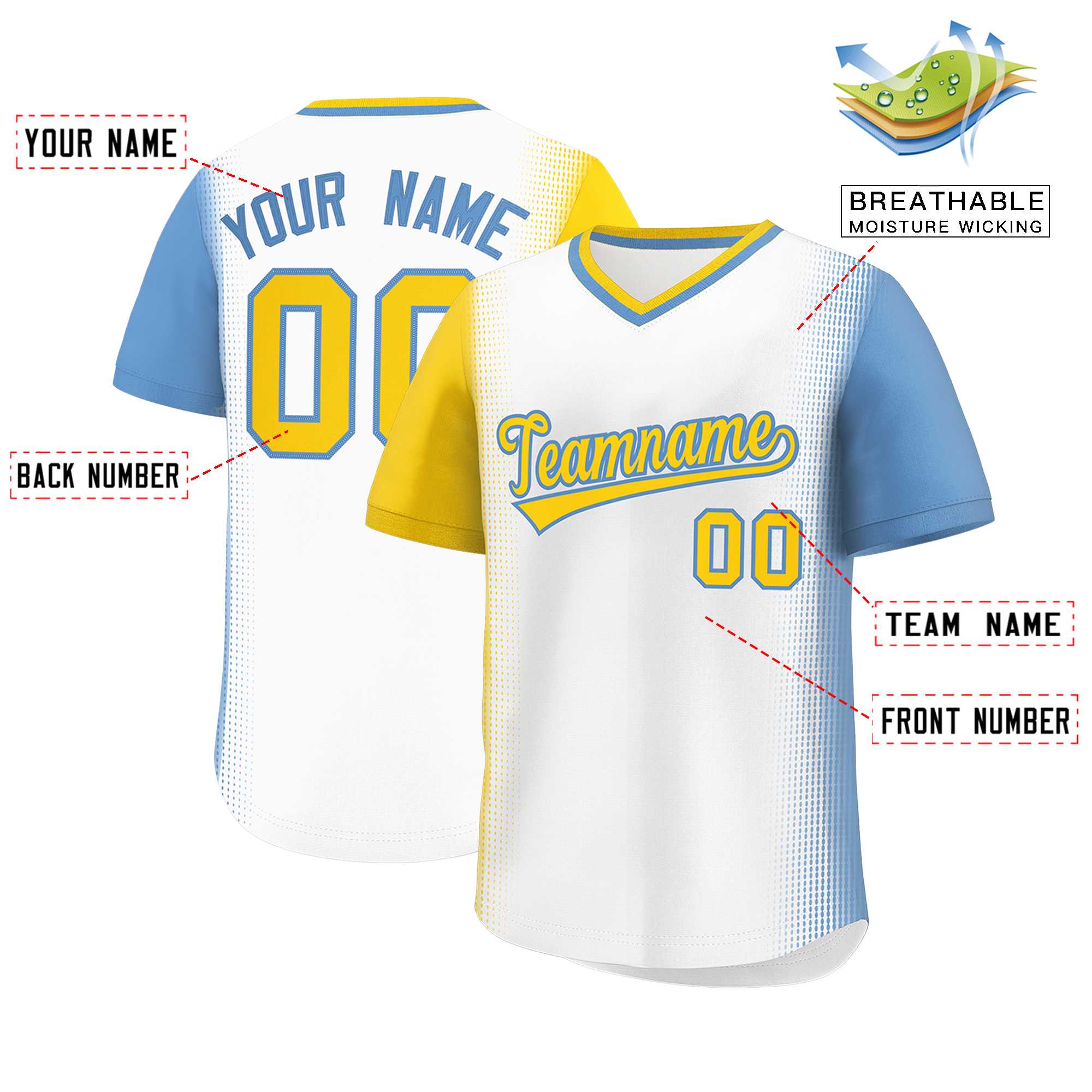 Custom White Gold-Light Blue Personalized Raglan Sleeves Authentic Baseball Jersey