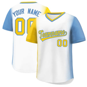 Custom White Gold-Light Blue Personalized Raglan Sleeves Authentic Baseball Jersey