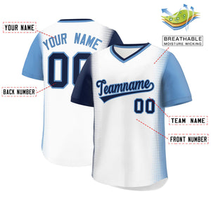 Custom White Navy-Light Blue Personalized Raglan Sleeves Authentic Baseball Jersey