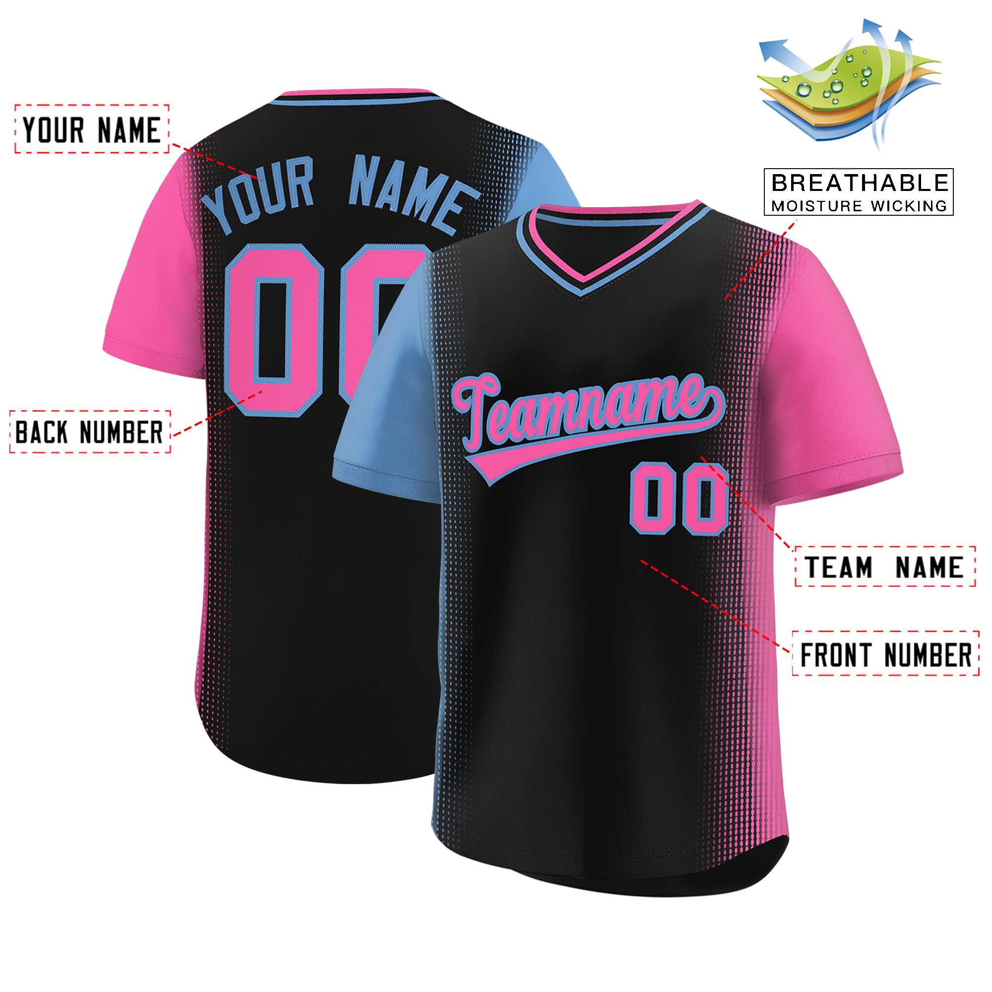 Custom Black Light Blue-Pink Personalized Raglan Sleeves Authentic Baseball Jersey