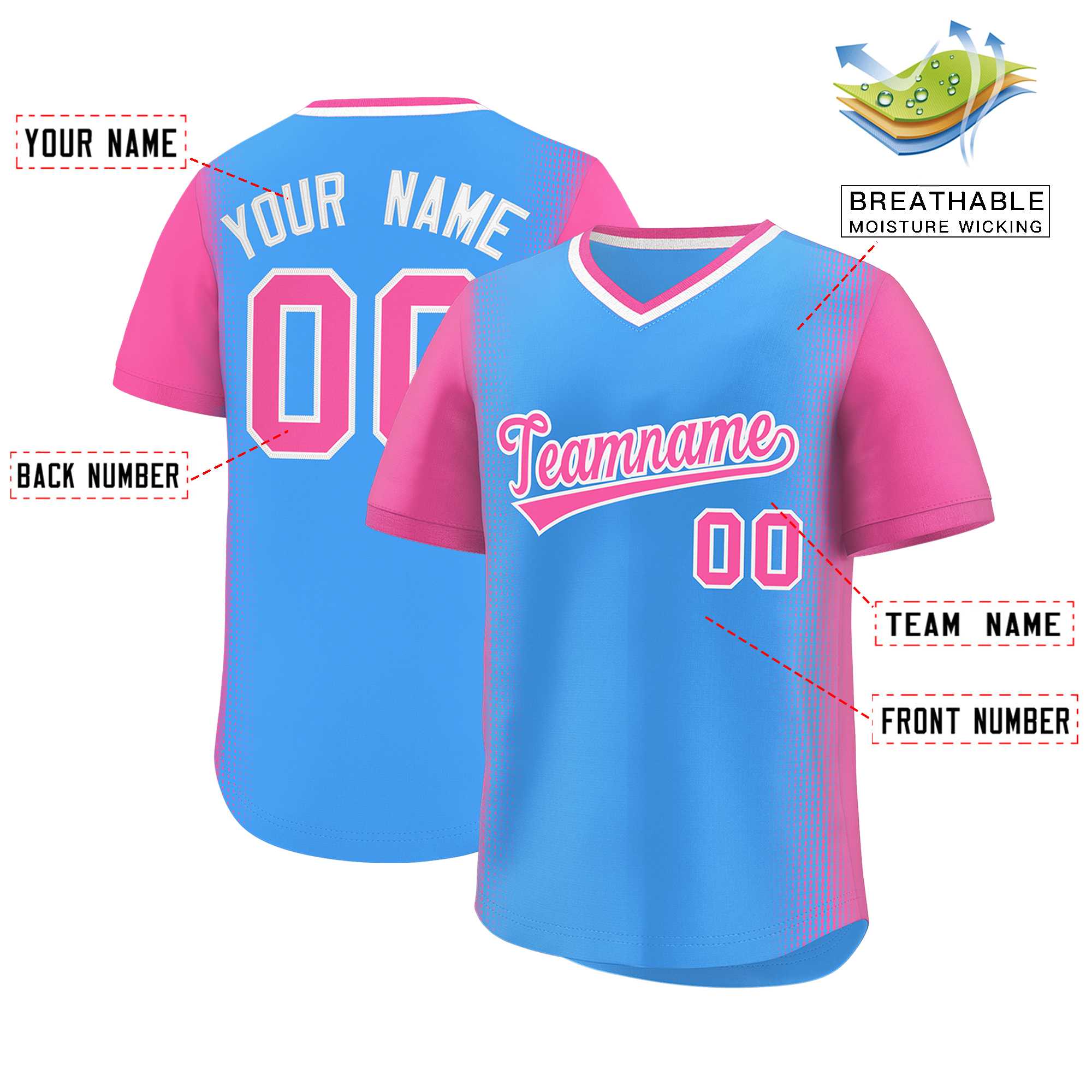 Custom Powder Blue Pink Personalized Raglan Sleeves Authentic Baseball Jersey