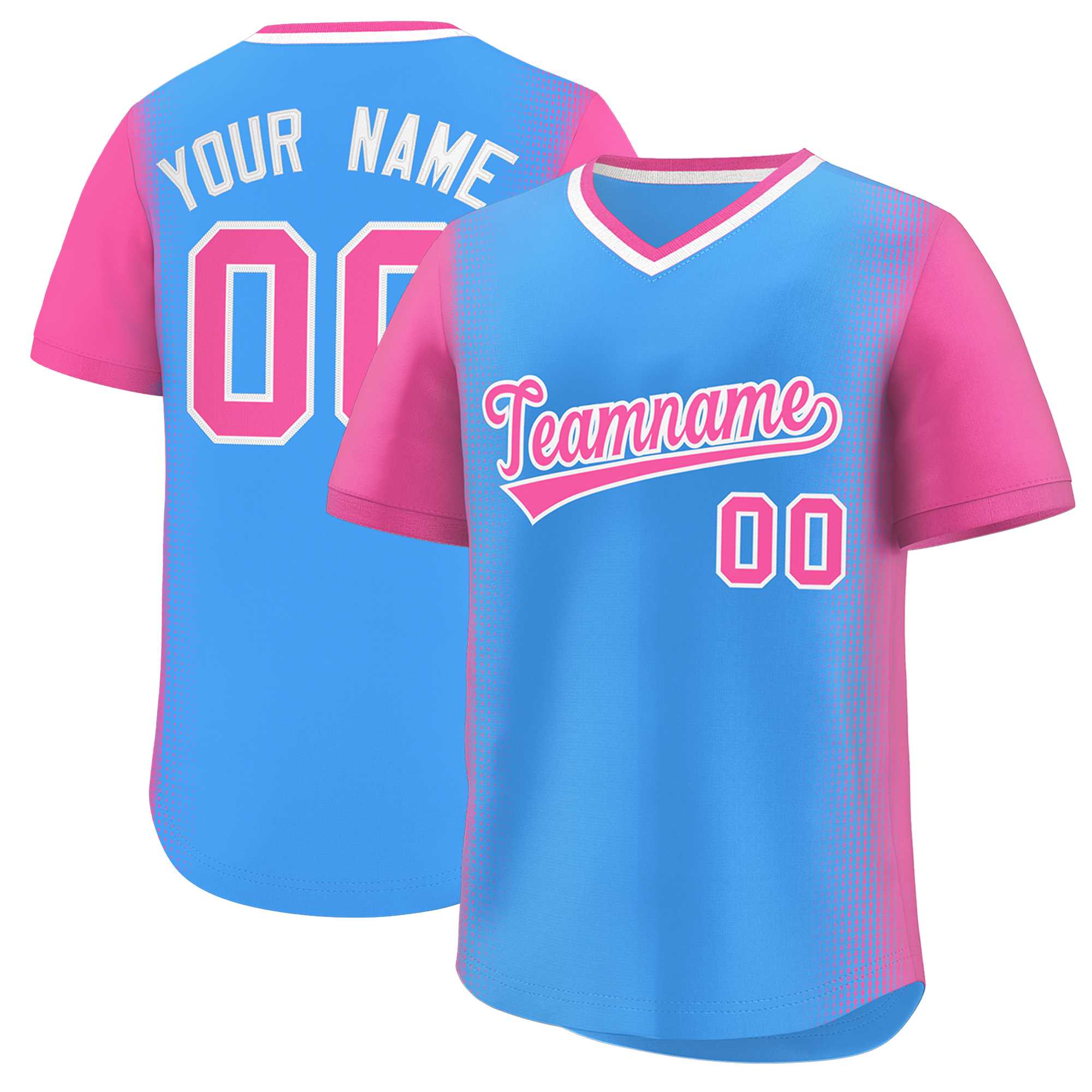 Custom Powder Blue Pink Personalized Raglan Sleeves Authentic Baseball Jersey