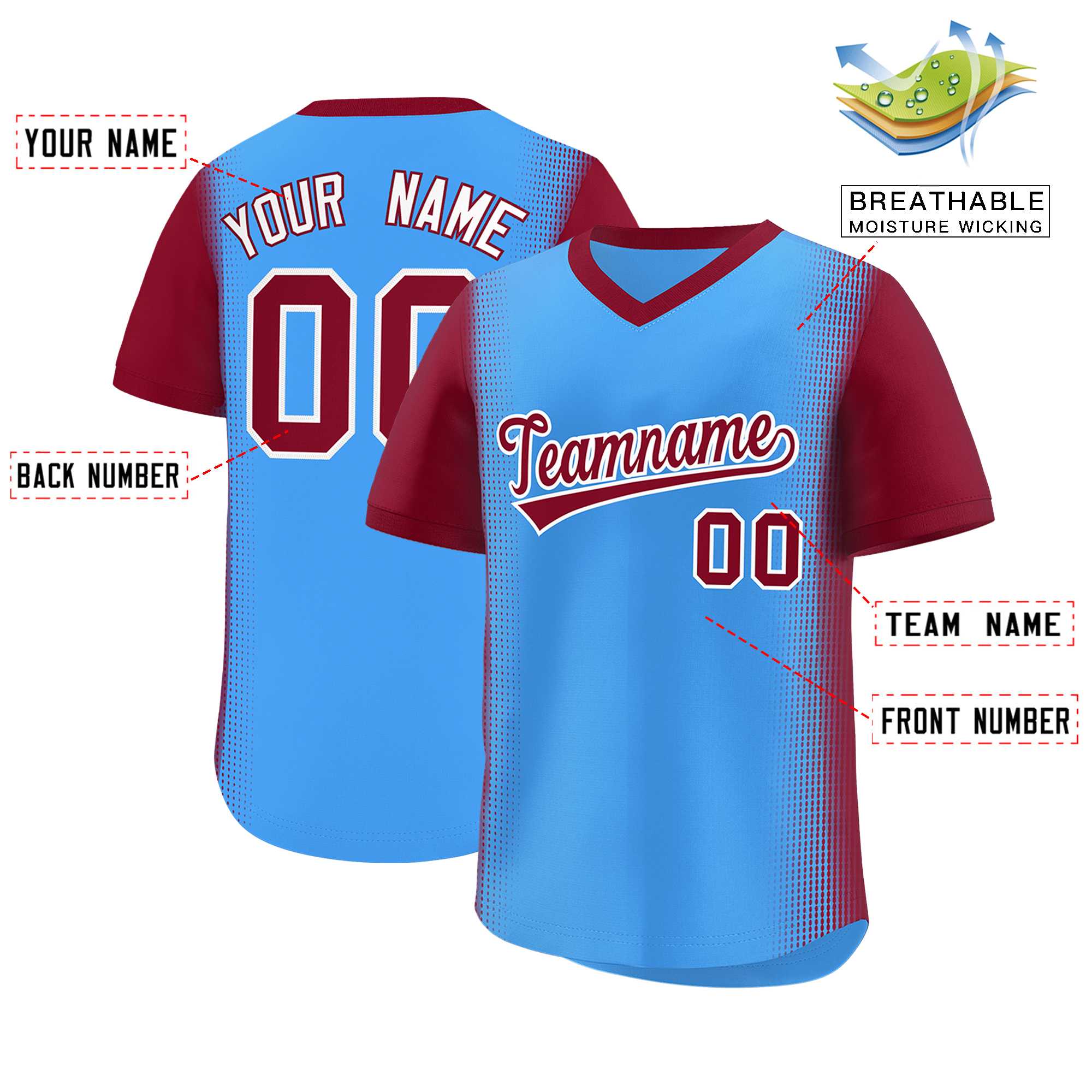 Custom Powder Blue Crimson Personalized Raglan Sleeves Authentic Baseball Jersey