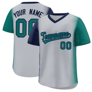 Custom Gray Navy-Aqua Personalized Raglan Sleeves Authentic Baseball Jersey