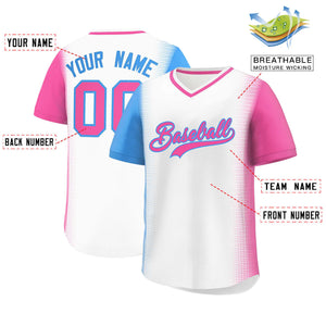 Custom White Powder Blue-Pink Personalized Raglan Sleeves Authentic Baseball Jersey