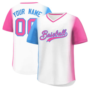 Custom White Powder Blue-Pink Personalized Raglan Sleeves Authentic Baseball Jersey