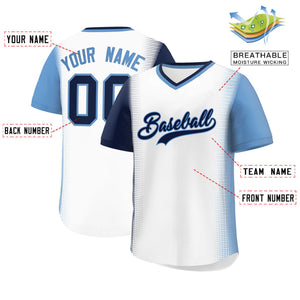 Custom White Navy-Light Blue Personalized Raglan Sleeves Authentic Baseball Jersey