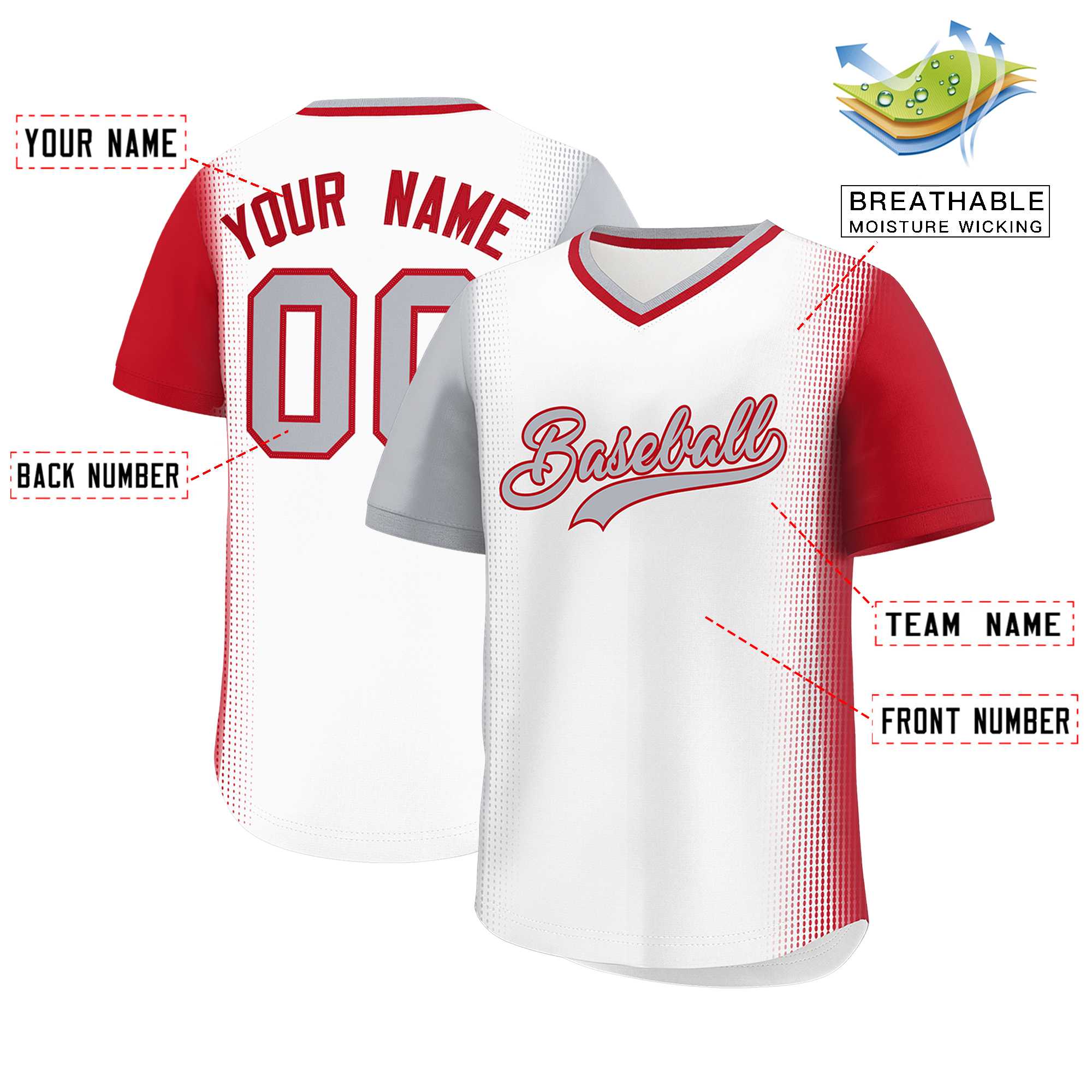 Custom White Gray-Red Personalized Raglan Sleeves Authentic Baseball Jersey