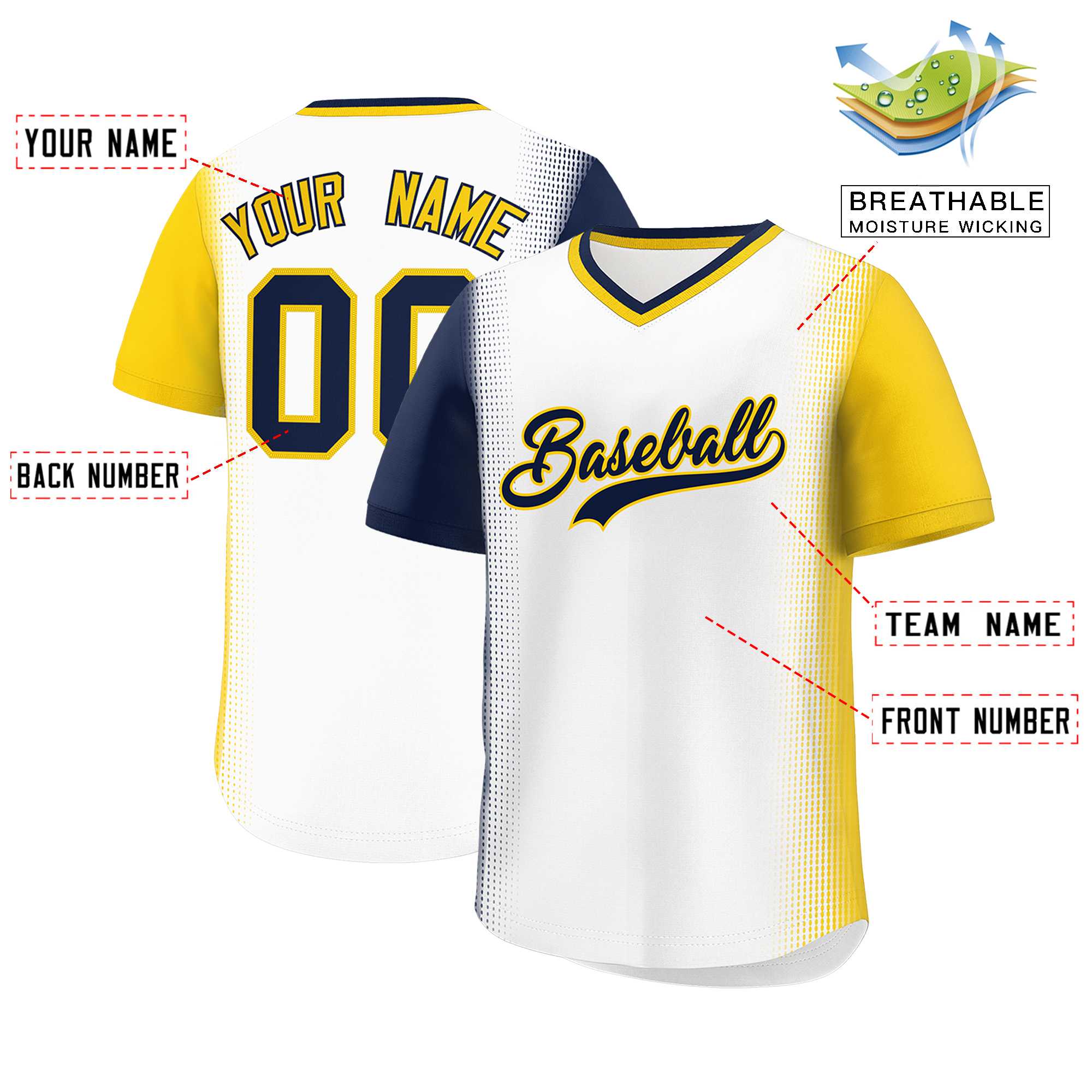 Custom White Navy-Gold Personalized Raglan Sleeves Authentic Baseball Jersey