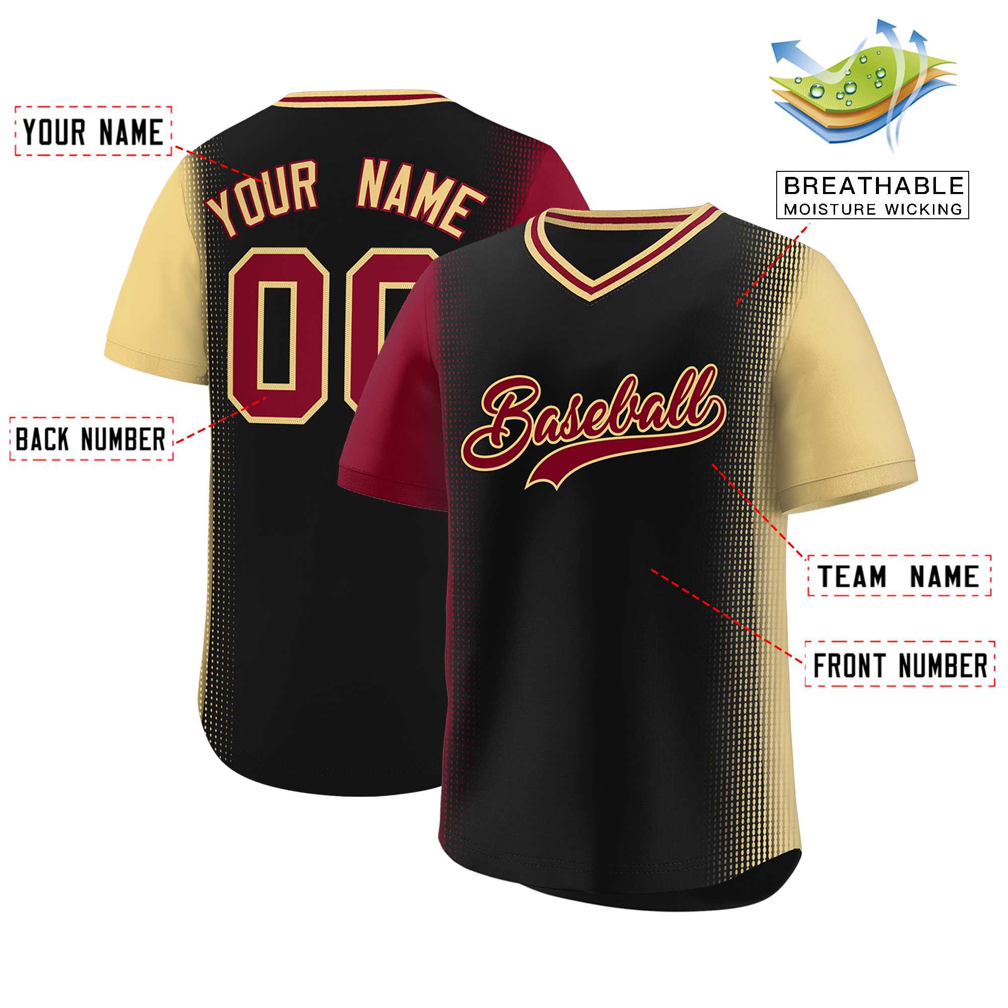 Custom Black Crimson-Khaki Personalized Raglan Sleeves Authentic Baseball Jersey