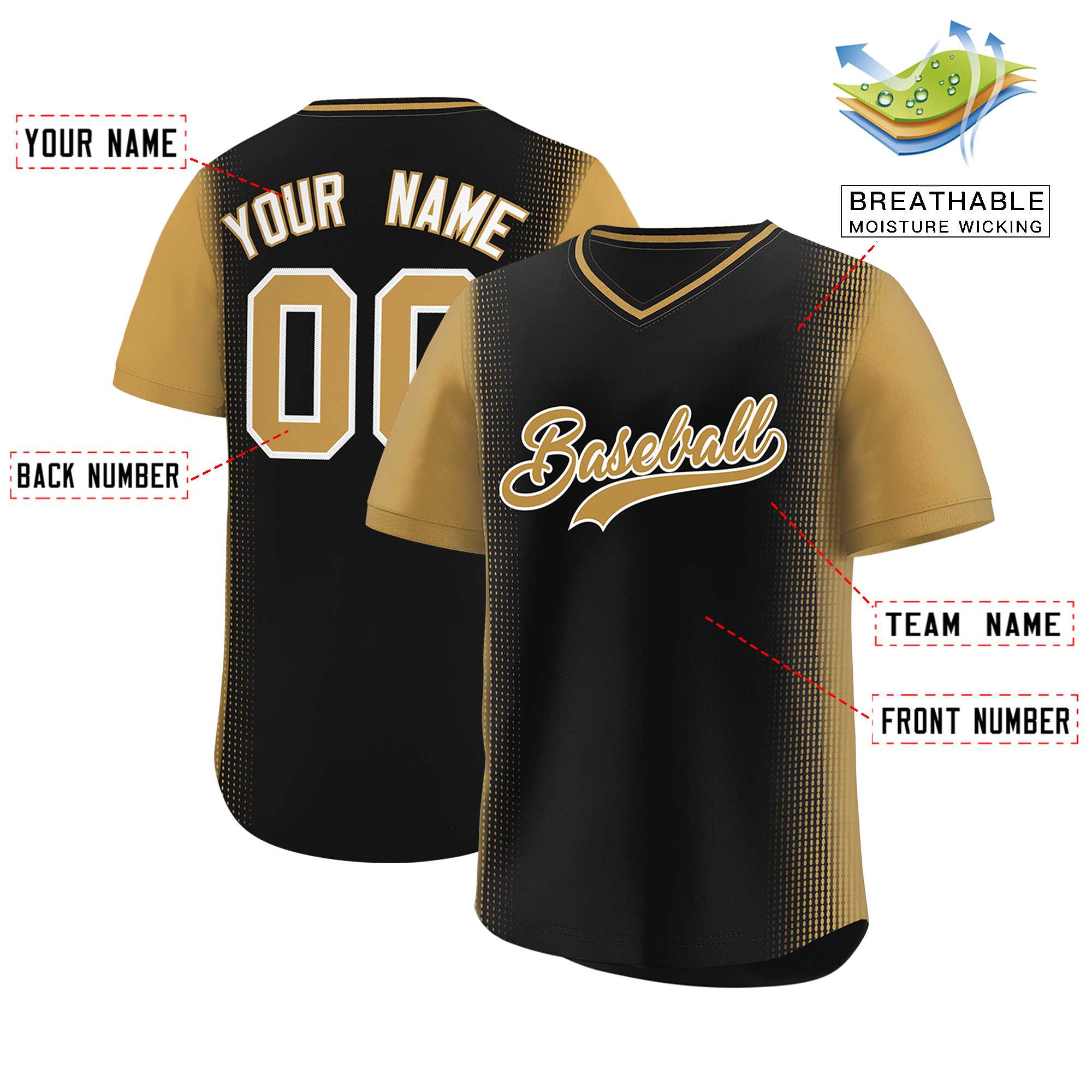 Custom Black Old Gold Personalized Raglan Sleeves Authentic Baseball Jersey