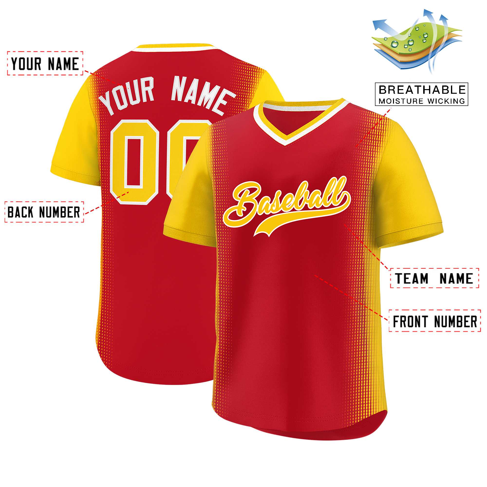 Custom Red Gold Personalized Raglan Sleeves Authentic Baseball Jersey