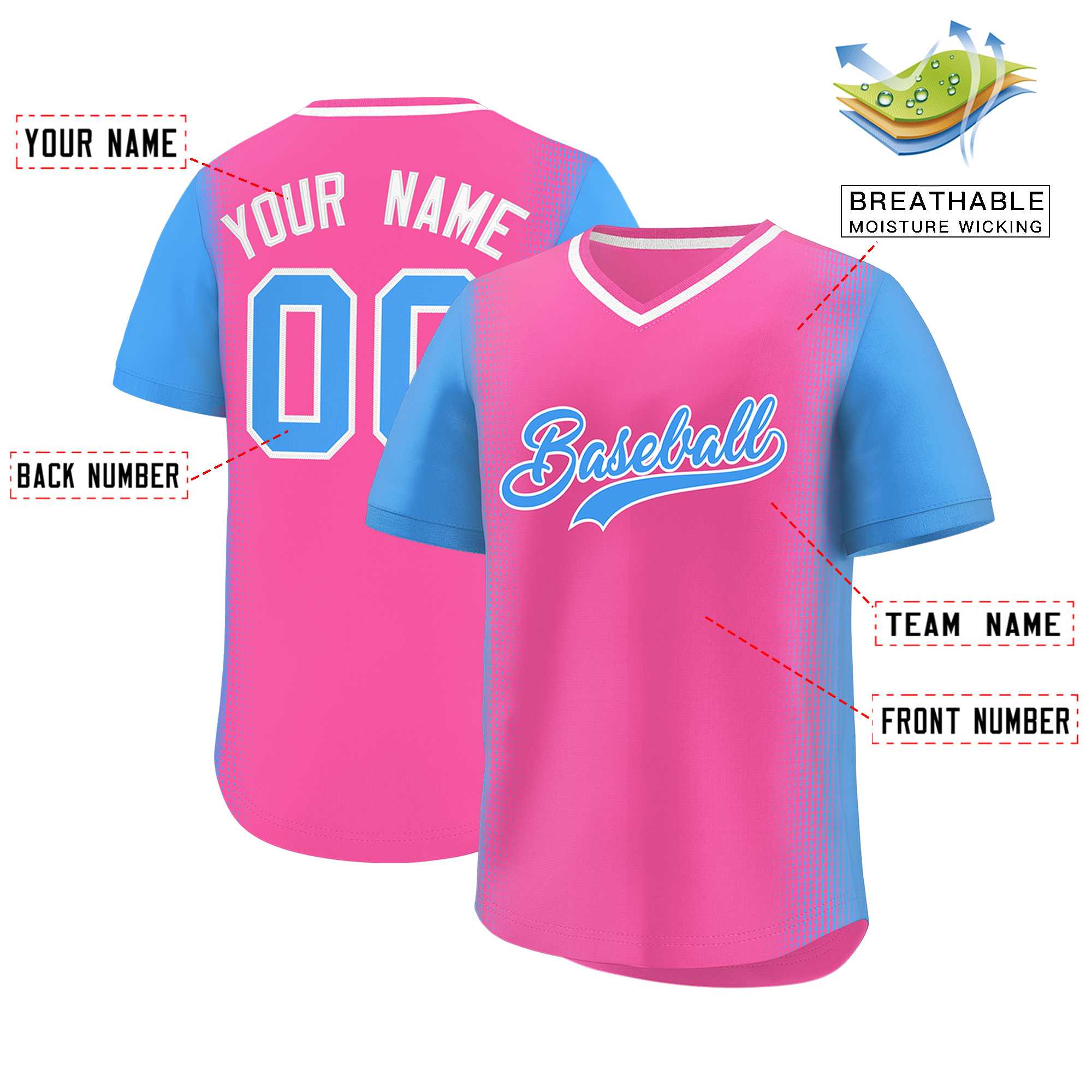 Custom Pink Powder Blue Personalized Raglan Sleeves Authentic Baseball Jersey