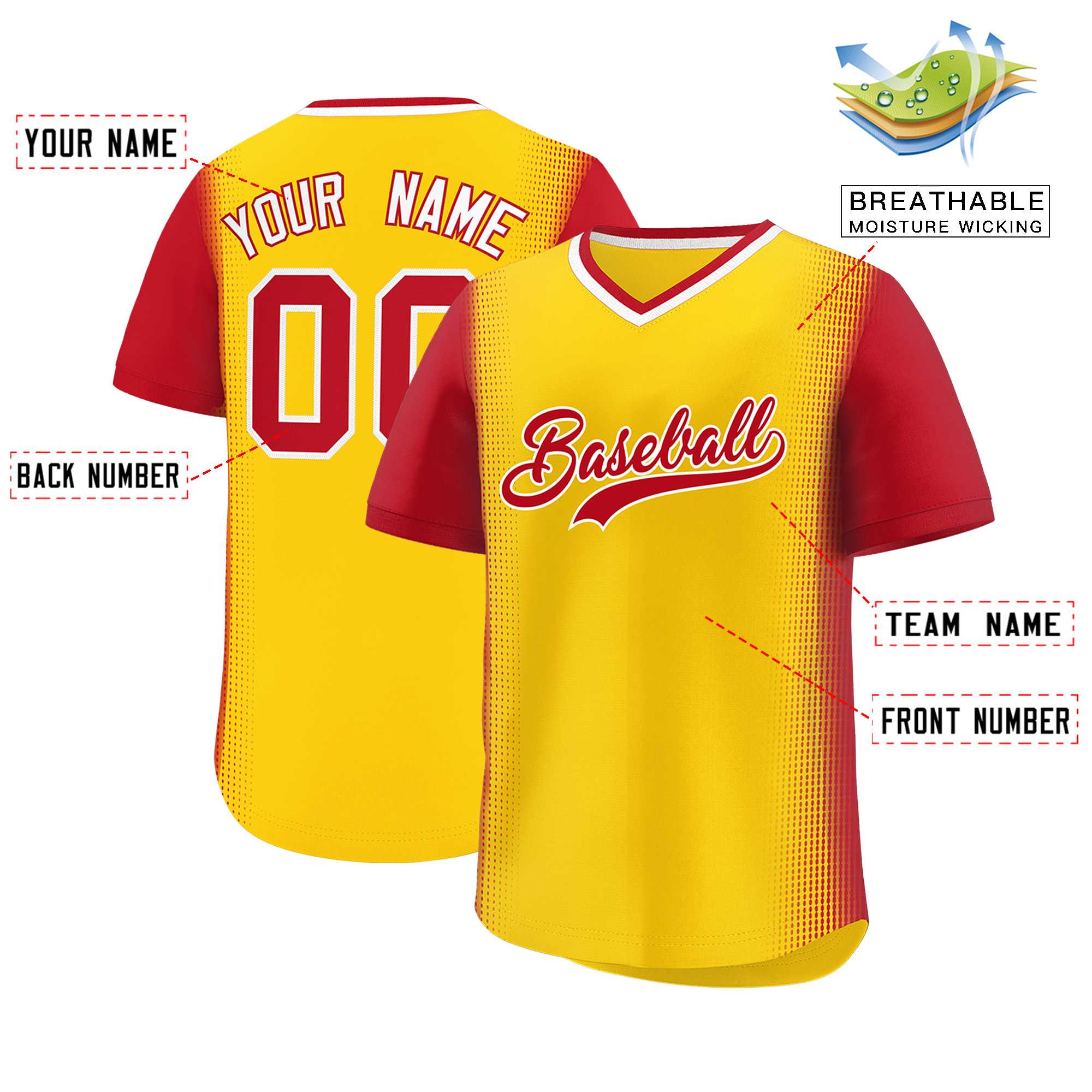 Custom Gold Red Personalized Raglan Sleeves Authentic Baseball Jersey