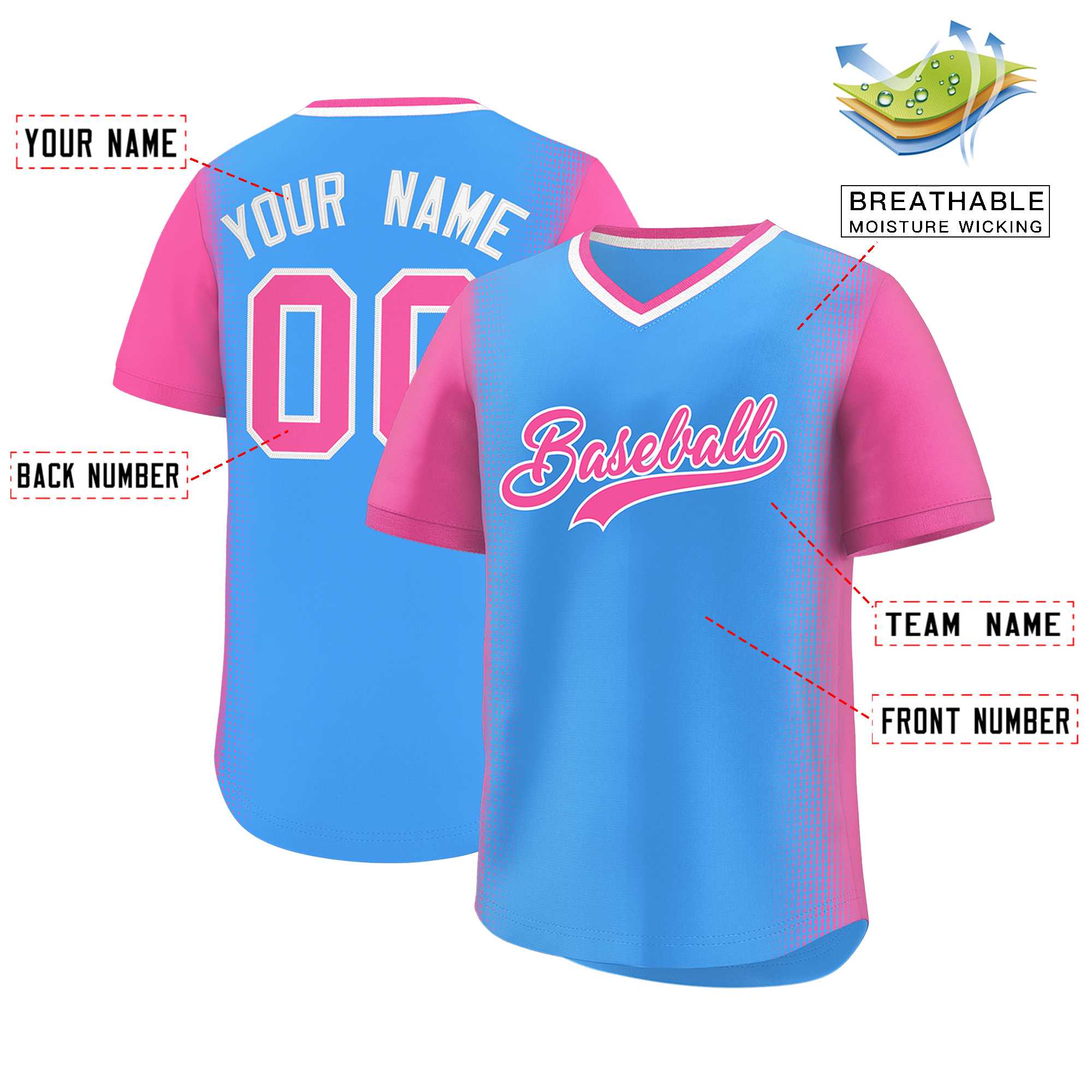 Custom Powder Blue Pink Personalized Raglan Sleeves Authentic Baseball Jersey